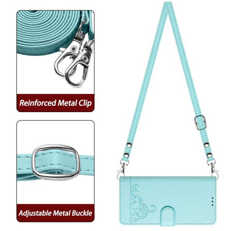 Funda de cuero RFID con relieve de gato y rata para Samsung Galaxy M56 5G con cordón (verde menta)