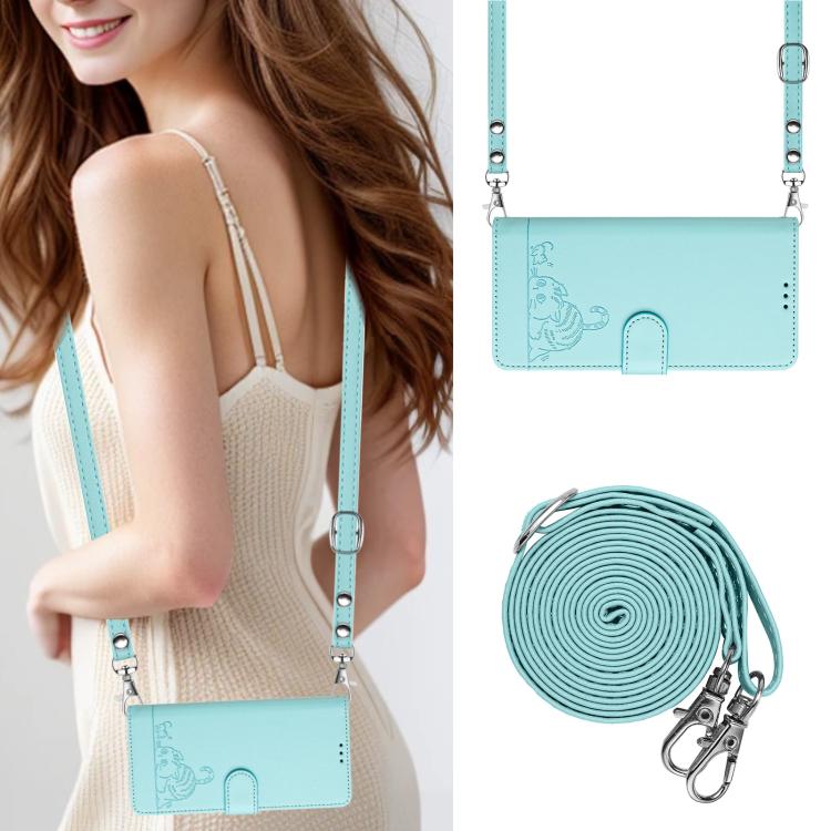 Funda de cuero RFID con relieve de gato y rata para Samsung Galaxy M56 5G con cordón (verde menta)