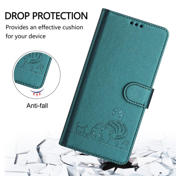 Funda de piel con grabado de gato y rata para Samsung Galaxy M56 5G, con RFID y cordón (verde pavo real)