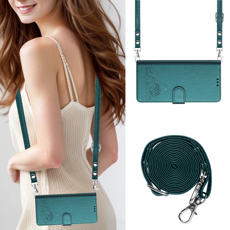 Funda de piel con grabado de gato y rata para Samsung Galaxy M56 5G, con RFID y cordón (verde pavo real)