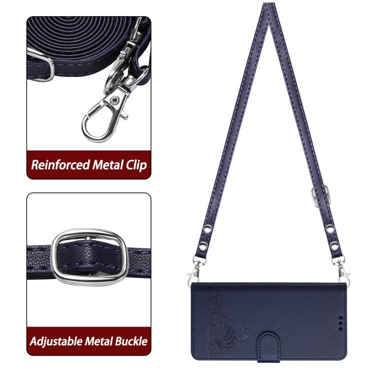 Funda de cuero RFID con relieve de gato y rata para Samsung Galaxy M56 5G con cordón (azul)