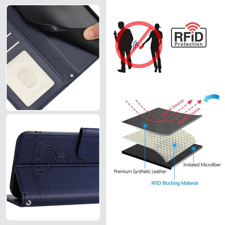 Funda de cuero RFID con relieve de gato y rata para Samsung Galaxy M56 5G con cordón (azul)