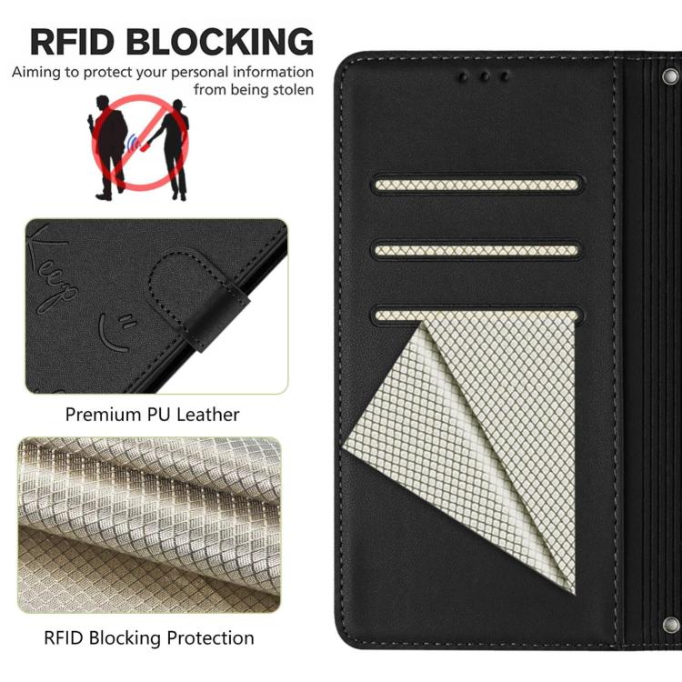 Funda de cuero RFID con relieve sonriente para Samsung Galaxy M56 5G (negra)