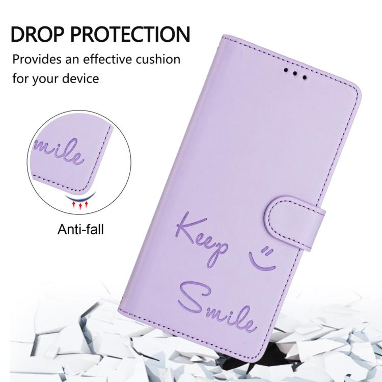 Funda de cuero RFID con relieve sonriente para Samsung Galaxy A07 4G (morado claro)