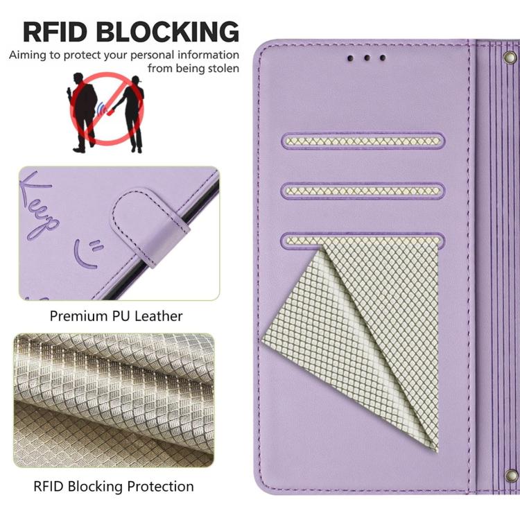 Funda de cuero RFID con relieve sonriente para Samsung Galaxy A07 4G (morado claro)