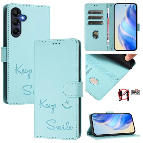 Funda de cuero RFID con relieve sonriente para Samsung Galaxy A17 4G (verde menta)