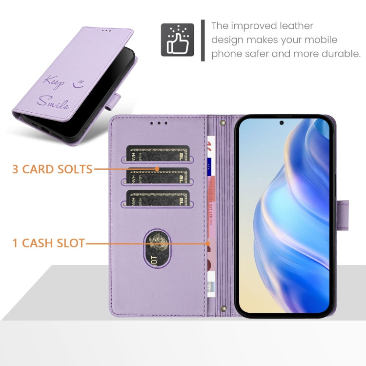 Funda Cuero Rfid Relieve Sonriente Tecno Spark 20 Pro 5G (Morado Claro)