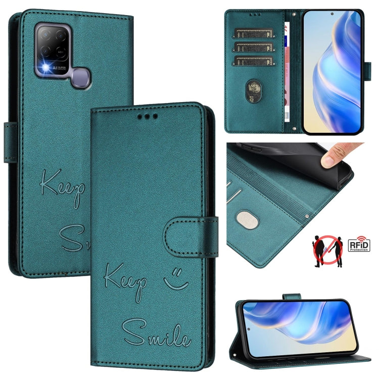 Funda de Cuero Rfid con Relieve Sonriente para Infinix Hot 10T/10S (Verde Pavo Real)