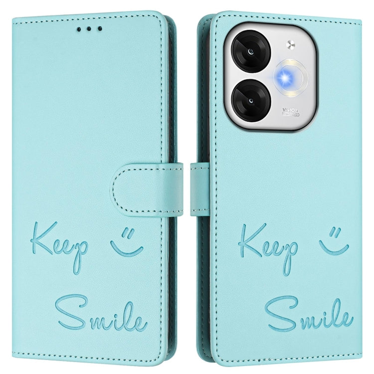 Funda de Cuero Rfid con Relieve Sonriente para Teléfono Itel A80 4G (Verde Menta)