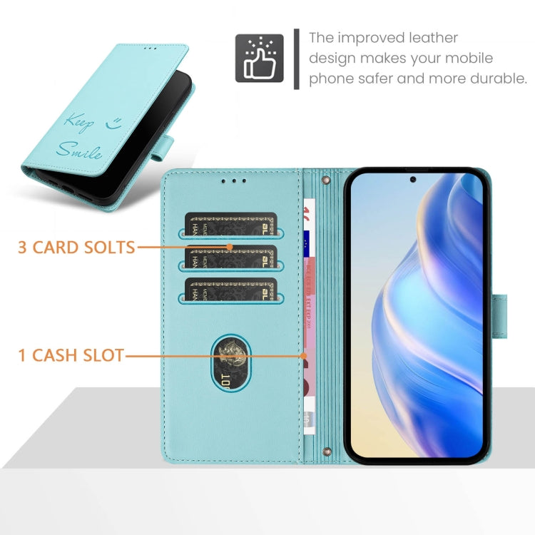 Funda de Cuero Rfid con Relieve Sonriente para Teléfono Itel A80 4G (Verde Menta)