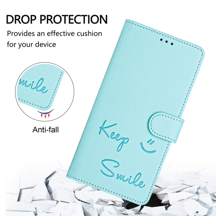 Funda de Cuero Rfid con Relieve Sonriente para Teléfono Itel A80 4G (Verde Menta)