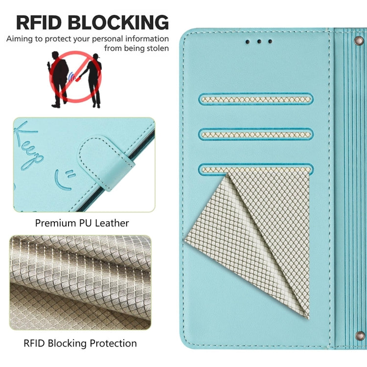 Funda de Cuero Rfid con Relieve Sonriente para Teléfono Itel A80 4G (Verde Menta)