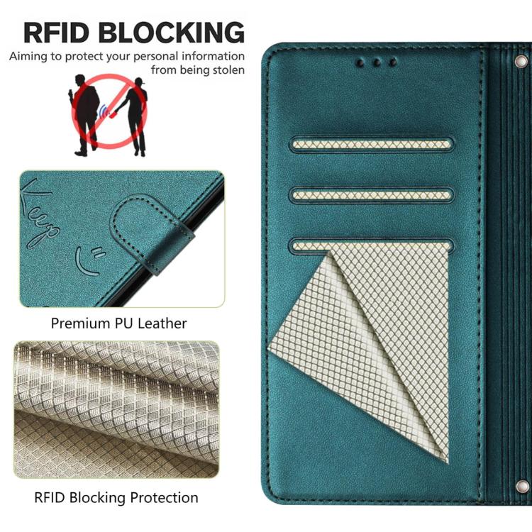 Funda de cuero RFID con relieve sonriente para TCL 605/60 SE (verde pavo real)