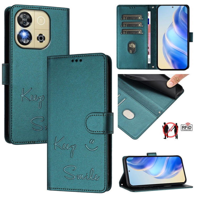 Funda de Cuero Rfid con Relieve Sonriente para Teléfono Oukitel C57S (Verde Pavo Real)