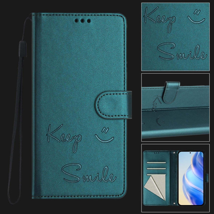 Funda de Cuero Rfid con Relieve Sonriente para Teléfono Oukitel C57S (Verde Pavo Real)