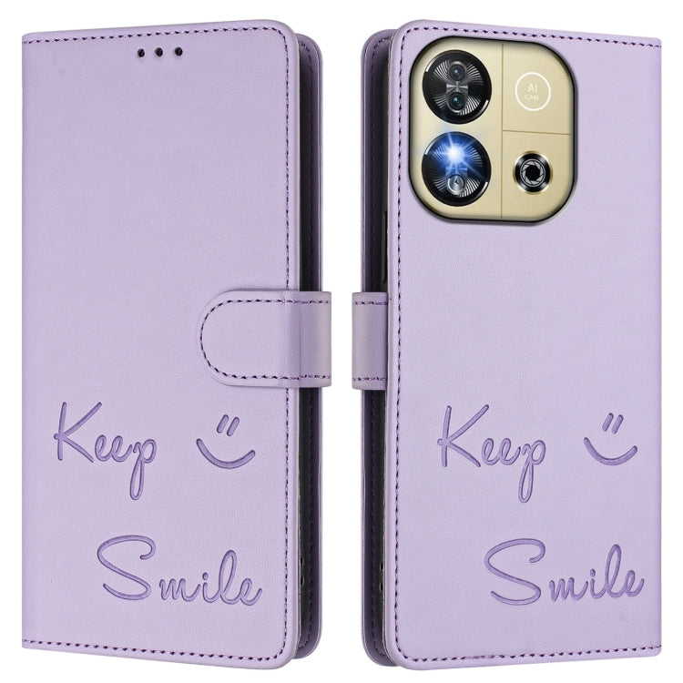 Funda de Cuero Rfid con Relieve Sonriente para Oukitel C57S (Morado Claro)
