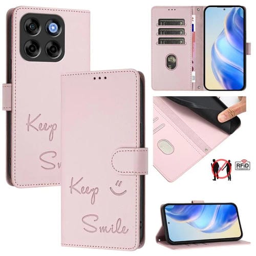 Funda de Cuero Rfid con Relieve Sonriente para ZTE Blade V70 (Rosa)