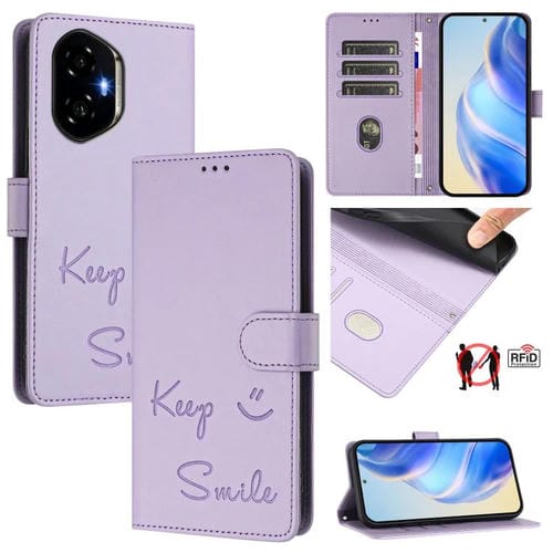 Funda de Cuero Rfid con Relieve Sonriente para Teléfono Honor 300 5G (Morado Claro)