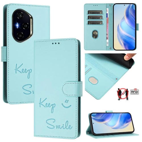 Funda de Cuero Rfid con Relieve Sonriente para Honor 300 Pro 5G y 300 Ultra 5G (Verde Menta)