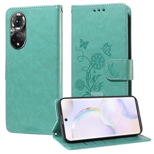 Funda de Cuero con Diseño de Mariposas y Flores en Relieve para Honor 50 5G Huawei Nova 9 (Verde)