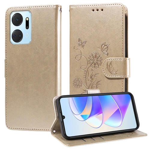 Funda de Cuero para Honor X7A 4G y Play 7T con Diseño de Mariposas y Flores en Relieve (Dorada)