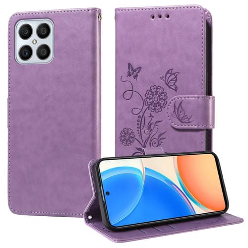Funda de Cuero para Honor X8 4G, X30I y Play 6T Pro con Diseño de Mariposas y Flores en Relieve (Morado)