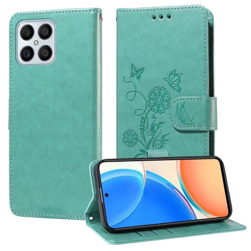 Funda de Cuero Honor X8 4G X30I Play 6T Pro con Diseño de Mariposas y Flores en Relieve (Verde)