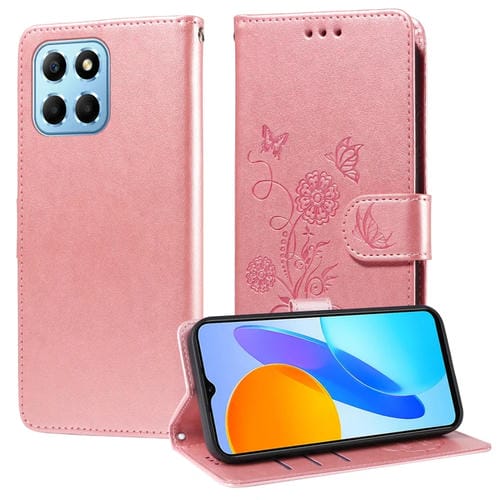 Funda de Cuero Honor Play 6C/X6S/70 Lite Diseño Mariposas y Flores En Relieve (Oro Rosa)