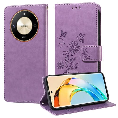 Funda de Cuero para Honor X50/X9B/Magic6 Lite con Diseño de Mariposas y Flores en Relieve (Morado)