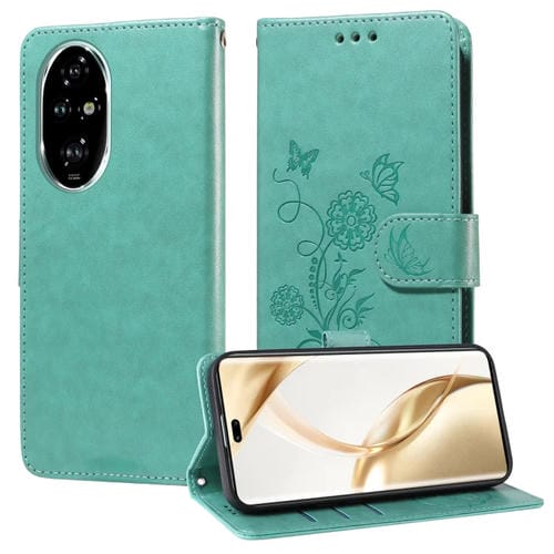 Funda de Cuero para Honor 200 Pro con Diseño de Mariposas y Flores en Relieve (Verde)