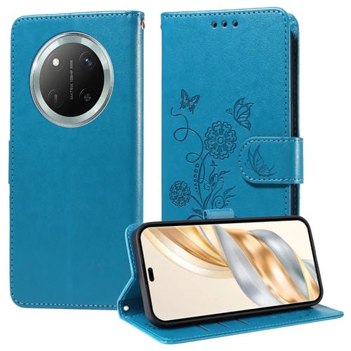 Funda de Cuero Honor X9C Magic7 Lite diseño Mariposas y Flores en Relieve (Azul)