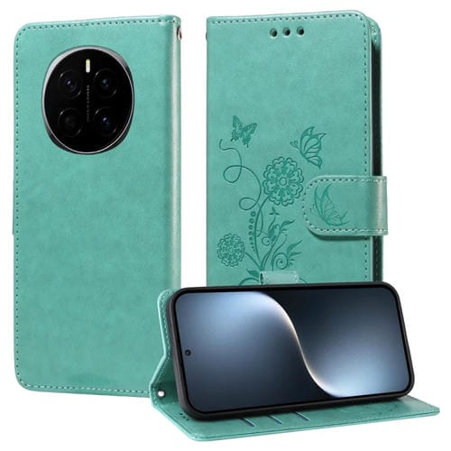 Funda de Cuero para Honor Magic7 Diseño Mariposas y Flores En Relieve (Verde)