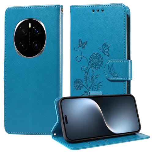 Funda de Cuero para Honor Magic7 Pro con Mariposas y Flores en Relieve (Azul)