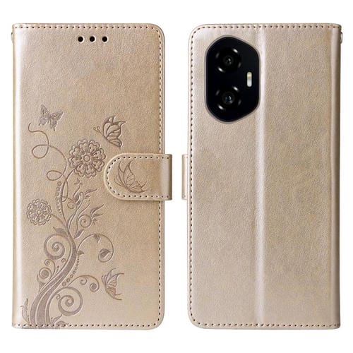 Funda de Cuero Honor 300 Diseño de Mariposas y Flores en Relieve (Dorada)