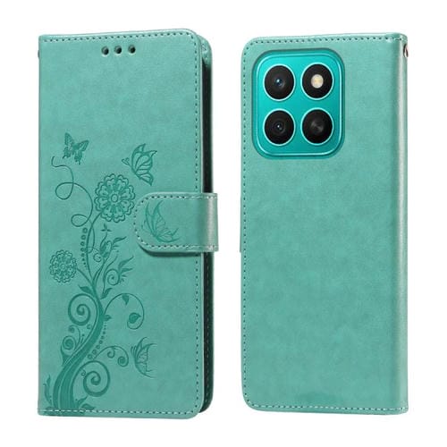 Funda de Cuero para Honor X8C 4G con Diseño de Mariposas y Flores en Relieve (Verde)