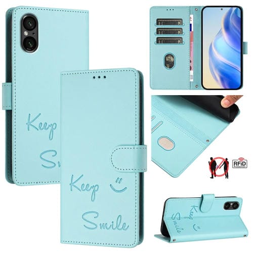 Funda de Cuero Rfid con Relieve Sonriente para Sony Xperia 5 V (Verde Menta)