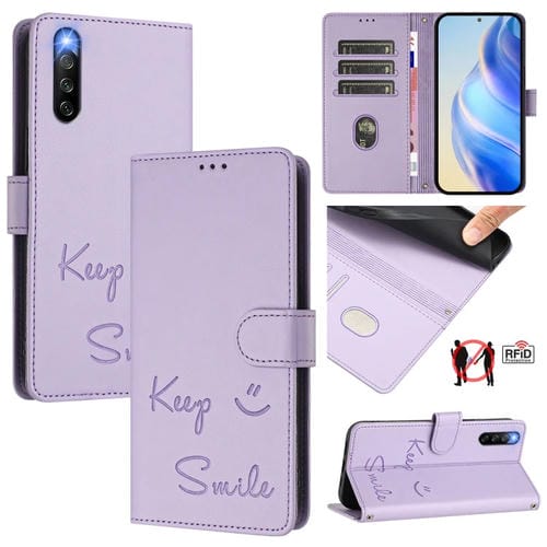 Funda de Cuero Rfid con Relieve Sonriente para Sony Xperia 10 Iv (Morado Claro)