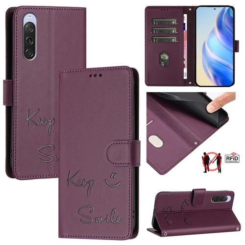 Funda de Cuero Rfid para Sony Xperia 10 V 4G con Relieve Sonriente (Violeta)