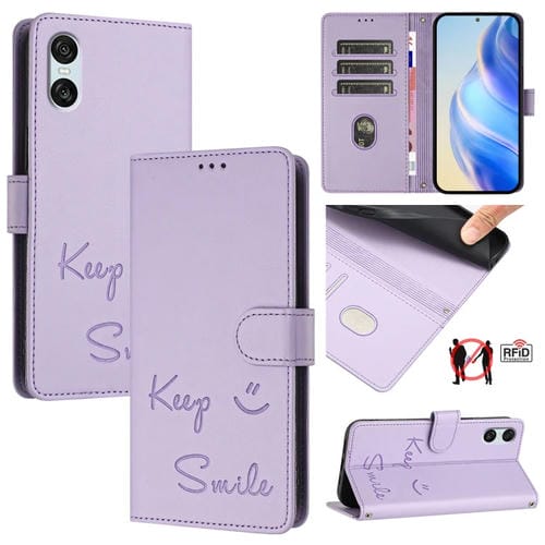 Funda Cuero Rfid con Relieve Sonriente para Sony Xperia 10 Vi (Morado Claro)