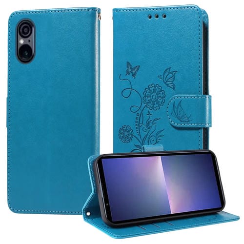 Funda de Cuero para Sony Xperia 5 Vi con Diseño de Mariposas y Flores en Relieve (Azul)