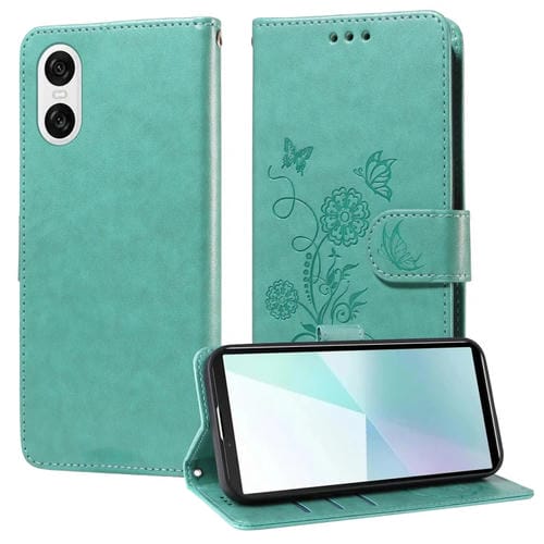 Funda de Cuero para Sony Xperia 10 Vi con Diseño de Mariposas y Flores En Relieve (Verde)
