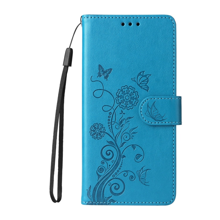 Funda de Cuero para OnePlus 13 con Diseño de Mariposas y Flores en Relieve (Azul)