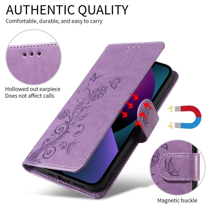 Funda de Cuero OnePlus 13R Ace 5 Ace 5 Pro con Diseño de Mariposas y Flores en Relieve (Morado)