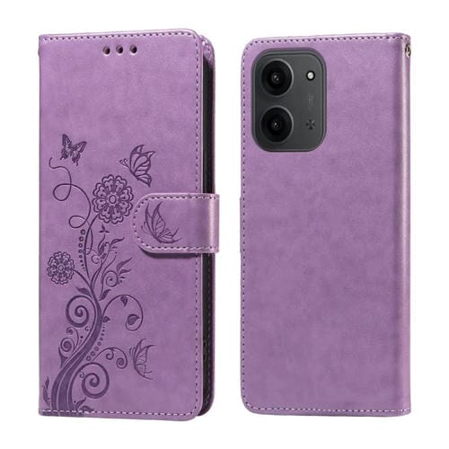 Funda de cuero con diseño de mariposas en relieve para Redmi 15C 4G (173,1 mm) / Redmi 15C 5G (173,1 mm) (morado)