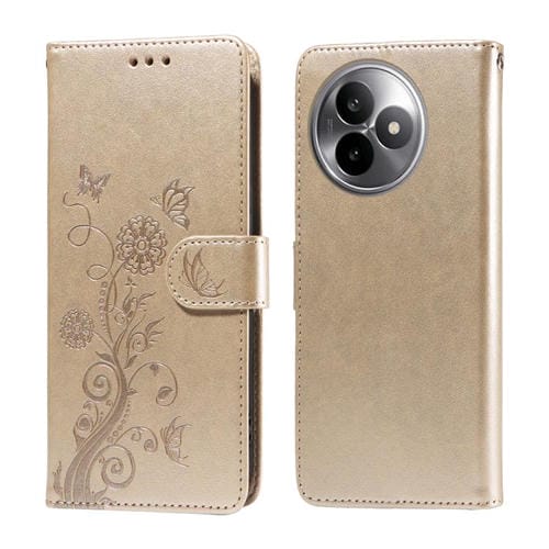 Funda de cuero con diseño de mariposas y flores en relieve para Redmi K80 Ultra (dorada)