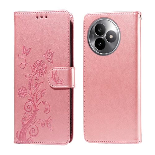 Funda de cuero con diseño de mariposas y flores en relieve para Redmi K80 Ultra (oro rosa)