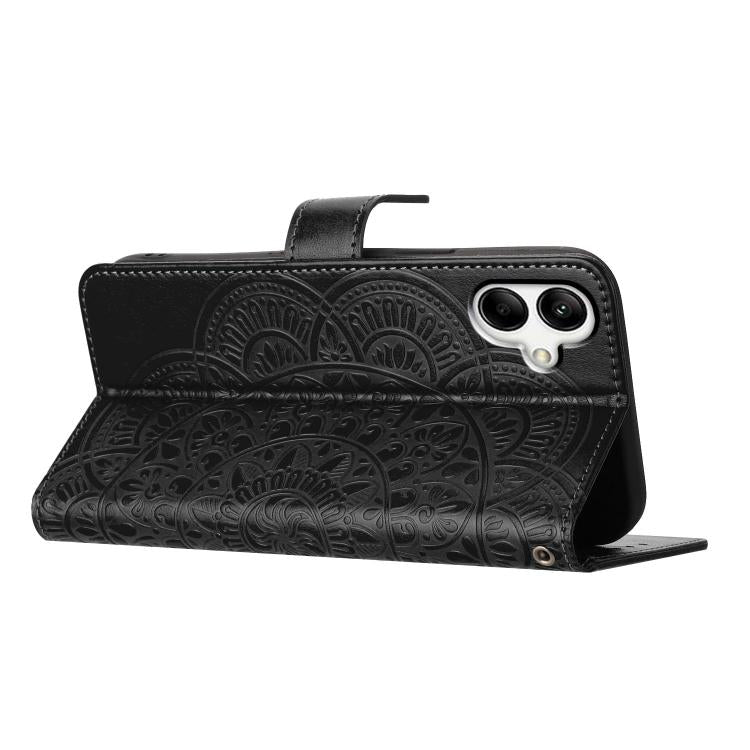 Funda de piel con relieve floral para Samsung Galaxy A07 5G (negra)
