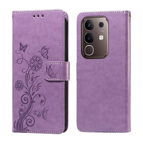 Funda de Cuero con Diseño de Mariposas y Flores En Relieve para Vivo Y29 4G (Morado)