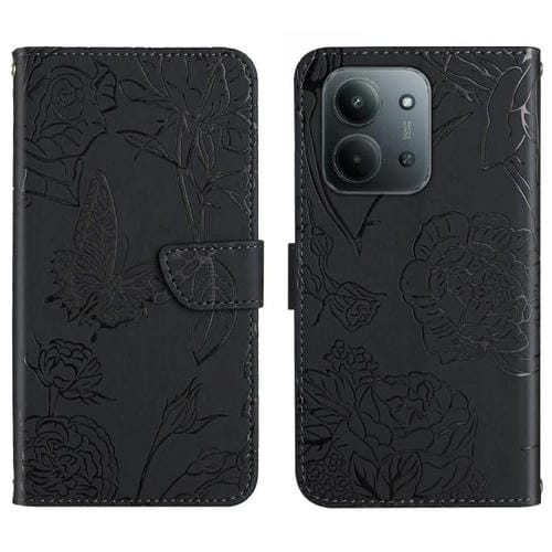 Funda de cuero con tapa y diseño de mariposa en relieve para Redmi 15C 5G (173,1 mm) / Redmi 15C 4G (173,1 mm) (Negro)