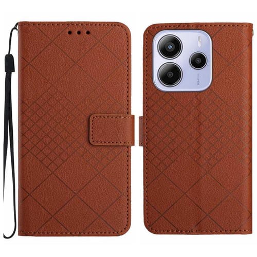 Funda de Cuero con Textura de Cuadrícula Rómbica para Redmi Note 14 4G (163,25mm) (Marrón)
